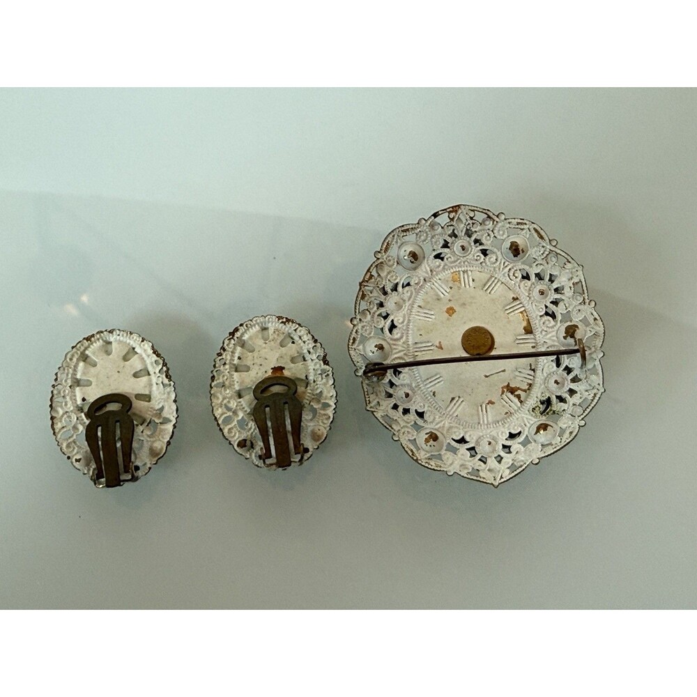 Germany Floral Enamel Hand-Painted Brooch, Clip on Earrings Set Rhinestone Vtg - Picture 5 of 15